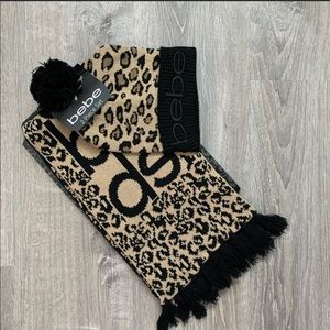 NWT Bebe Leopard Knit Pom-pom Hat and Scarf Set